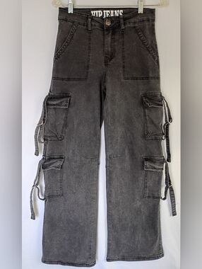 VIP Charcoal Cargo Pants Jeans Junior Sz 5/27 Stretch Mid Rise Straight Leg